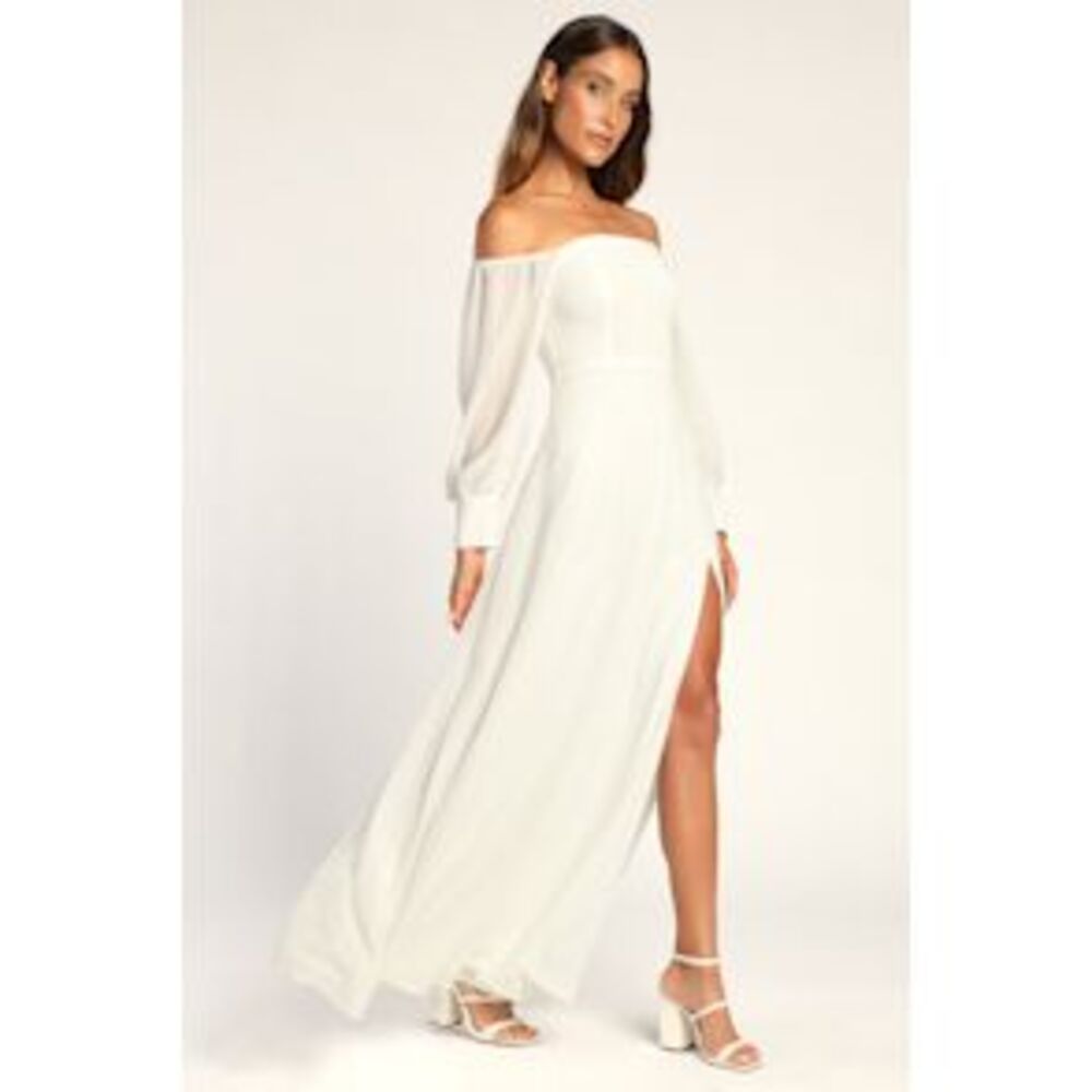 Lulu's White Off‑Shoulder Long Sleeve Slit Maxi Dress